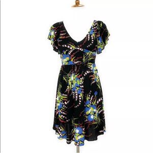 Anthropologie Mermaid Black Retro Floral Flutter Sleeve Midi Dress, Size XS